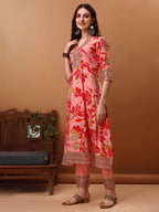 Embroidered & Floral Printed Flared Kurta With Pant & Dupatta, Pink - Hiral Fashion | Grocsy
