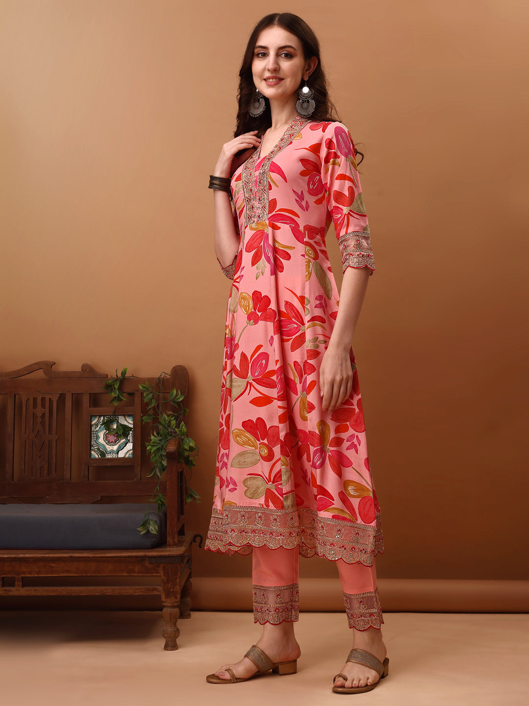 Embroidered & Floral Printed Flared Kurta With Pant & Dupatta, Pink - Hiral Fashion | Grocsy
