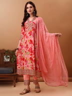 Embroidered & Floral Printed Flared Kurta With Pant & Dupatta, Pink - Hiral Fashion | Grocsy