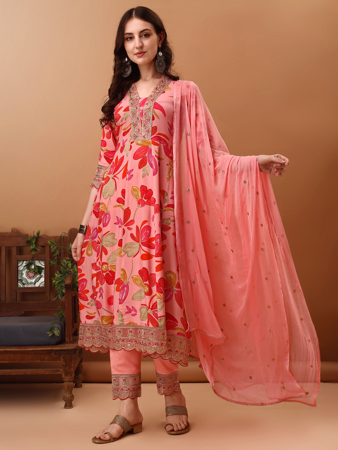 Embroidered & Floral Printed Flared Kurta With Pant & Dupatta, Pink - Hiral Fashion | Grocsy