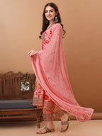 Embroidered & Floral Printed Flared Kurta With Pant & Dupatta, Pink - Hiral Fashion | Grocsy