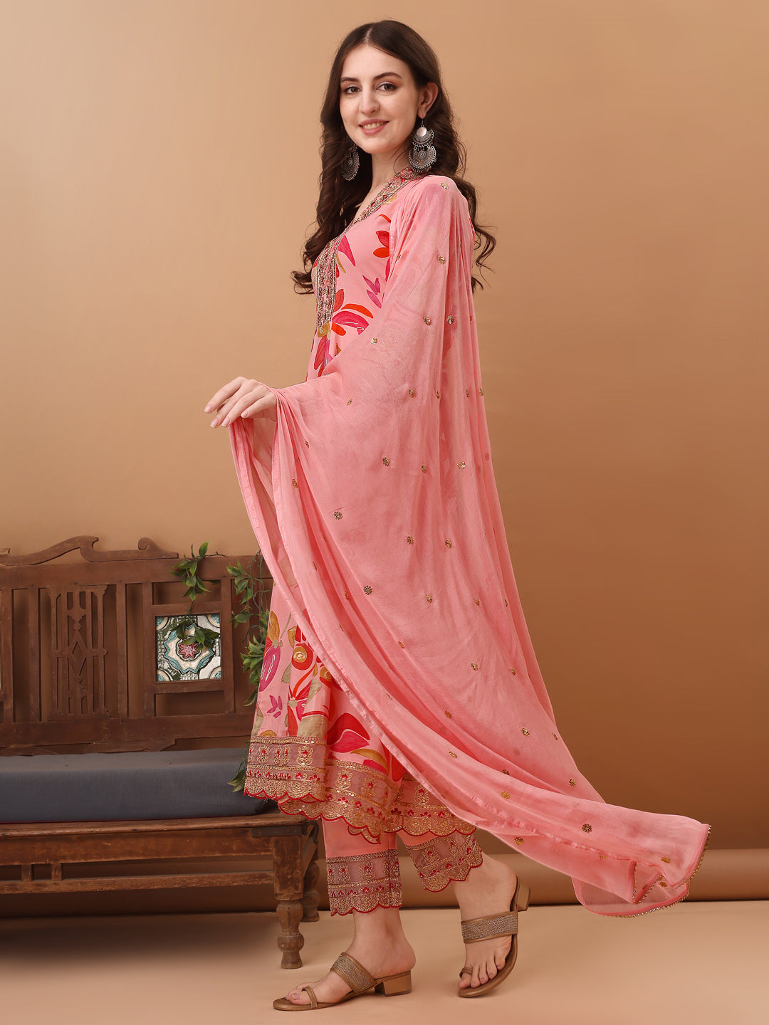 Embroidered & Floral Printed Flared Kurta With Pant & Dupatta, Pink - Hiral Fashion | Grocsy
