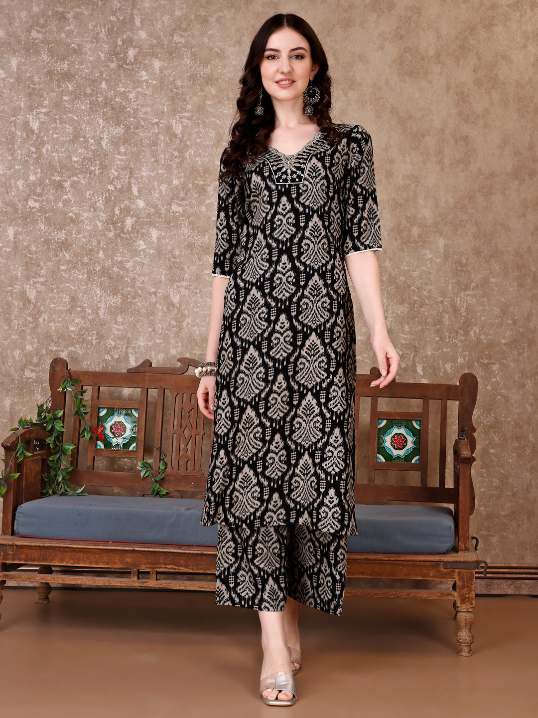 Embroidered & Printed Co Ords Kurta With Pallazo, Black - Hiral Fashion | Grocsy
