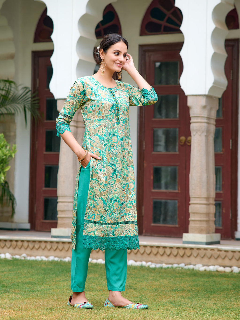 Embroidered & Floral Printed Kurta With Pant & Dupatta, Blue - Hiral Fashion | Grocsy