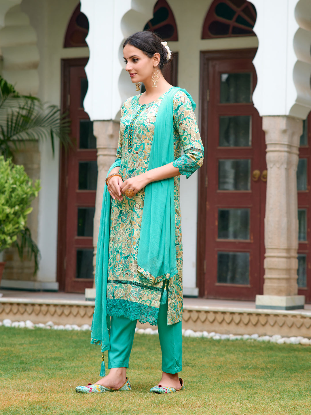 Embroidered & Floral Printed Kurta With Pant & Dupatta, Blue - Hiral Fashion | Grocsy