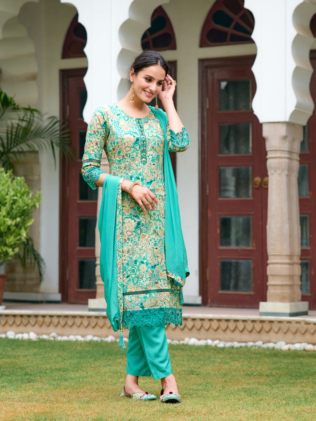 Embroidered & Floral Printed Kurta With Pant & Dupatta, Blue - Hiral Fashion | Grocsy