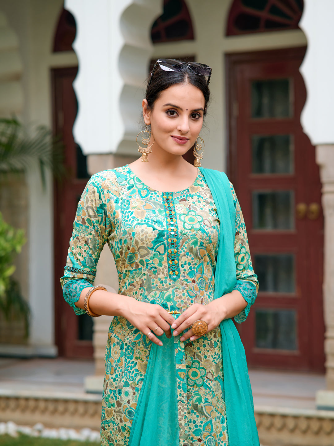 Embroidered & Floral Printed Kurta With Pant & Dupatta, Blue - Hiral Fashion | Grocsy