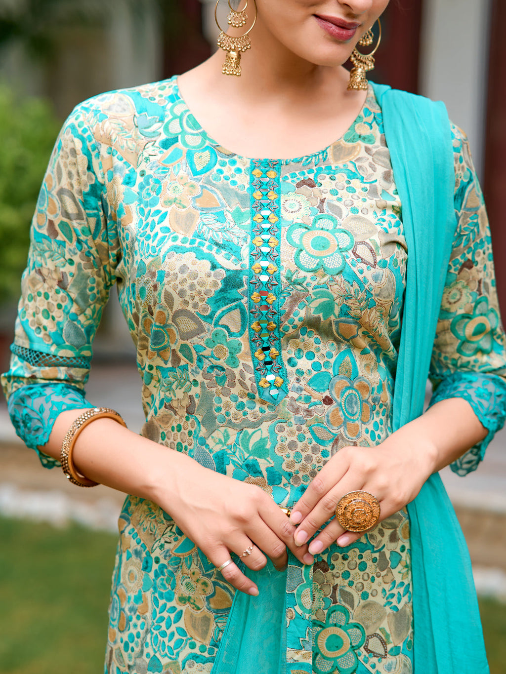 Embroidered & Floral Printed Kurta With Pant & Dupatta, Blue - Hiral Fashion | Grocsy