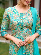 Embroidered & Floral Printed Kurta With Pant & Dupatta, Blue - Hiral Fashion | Grocsy