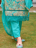 Embroidered & Floral Printed Kurta With Pant & Dupatta, Blue - Hiral Fashion | Grocsy