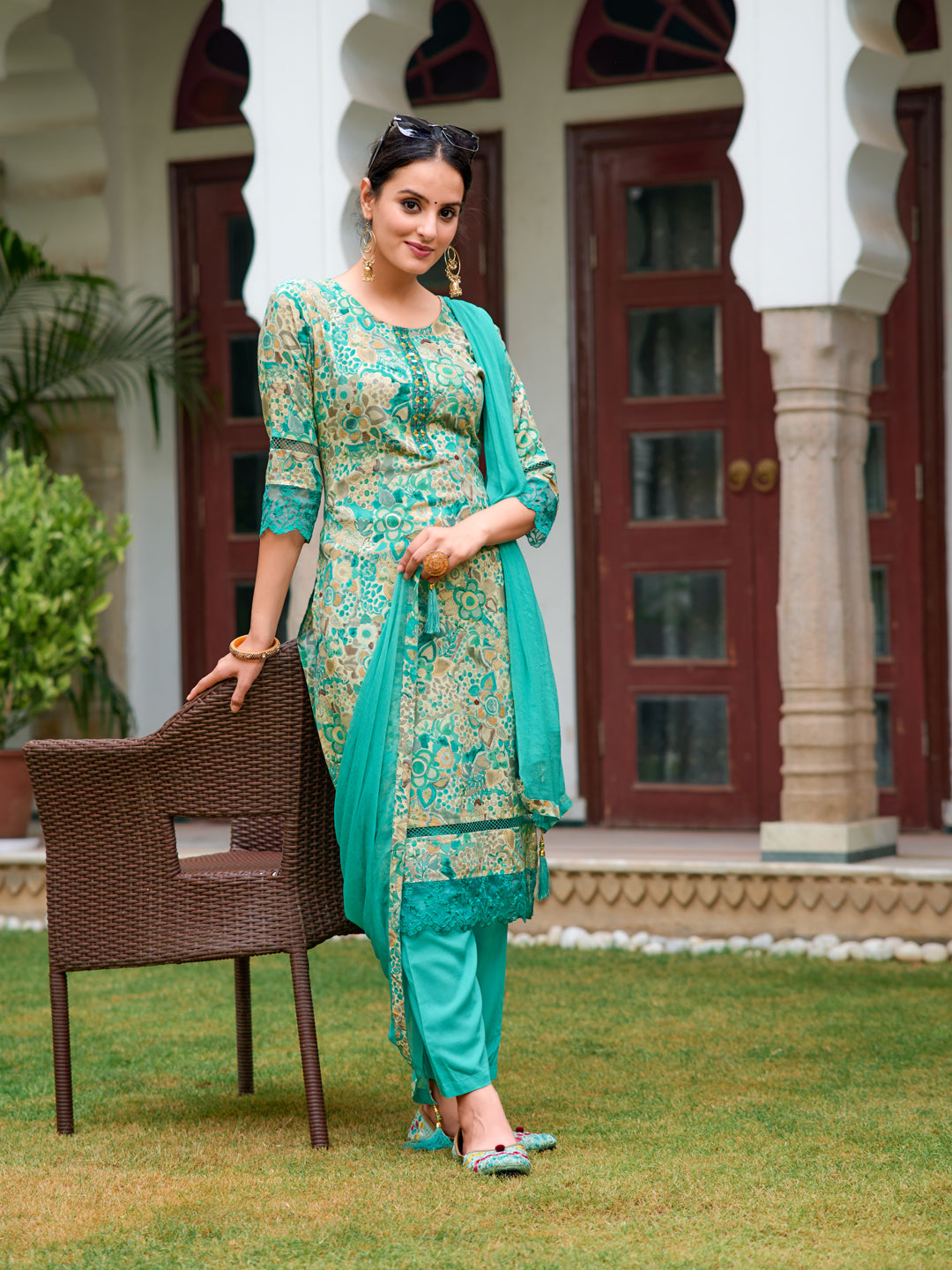 Embroidered & Floral Printed Kurta With Pant & Dupatta, Blue - Hiral Fashion | Grocsy