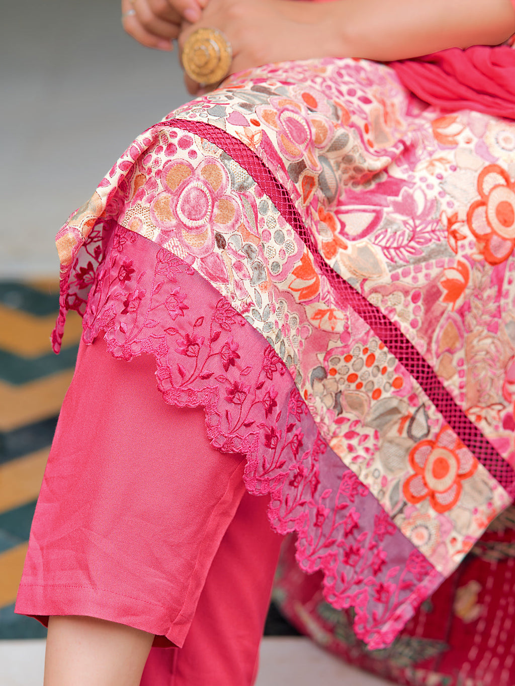 Embroidered & Floral Printed Kurta With Pant & Dupatta, Pink - Hiral Fashion | Grocsy