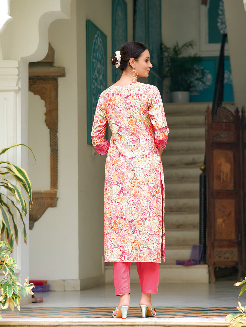 Embroidered & Floral Printed Kurta With Pant & Dupatta, Pink - Hiral Fashion | Grocsy