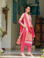 Embroidered & Floral Printed Kurta With Pant & Dupatta, Pink - Hiral Fashion | Grocsy