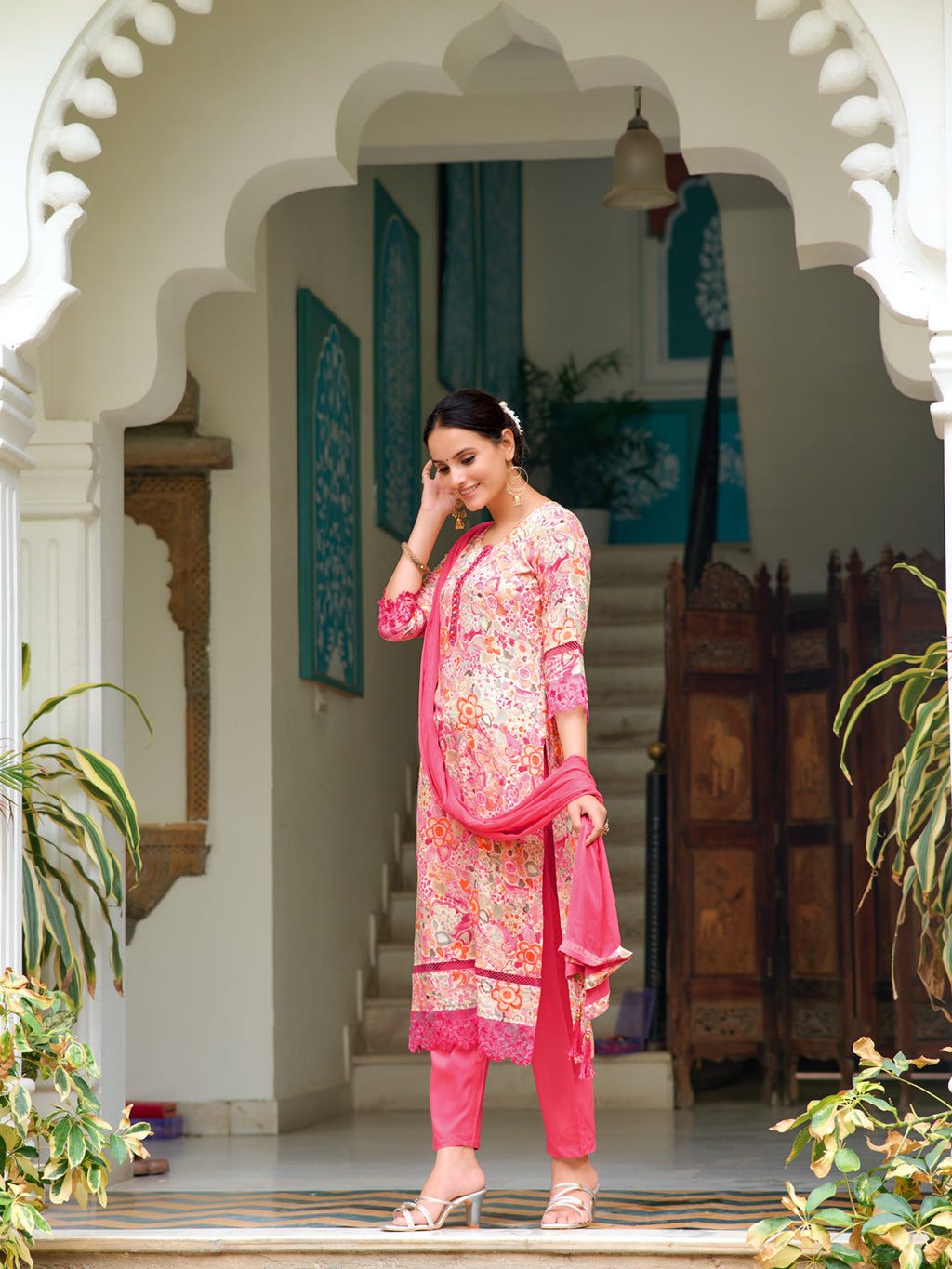 Embroidered & Floral Printed Kurta With Pant & Dupatta, Pink - Hiral Fashion | Grocsy