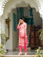 Embroidered & Floral Printed Kurta With Pant & Dupatta, Pink - Hiral Fashion | Grocsy