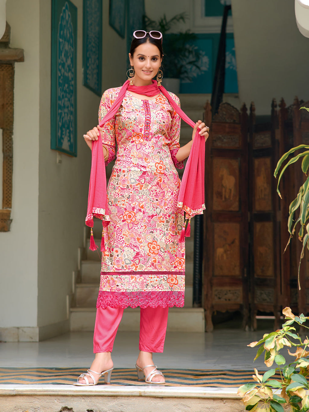 Embroidered & Floral Printed Kurta With Pant & Dupatta, Pink - Hiral Fashion | Grocsy