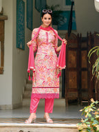 Embroidered & Floral Printed Kurta With Pant & Dupatta, Pink - Hiral Fashion | Grocsy