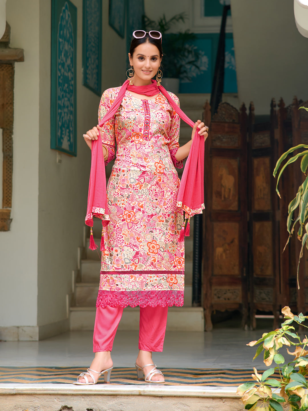 Embroidered & Floral Printed Kurta With Pant & Dupatta, Pink - Hiral Fashion | Grocsy