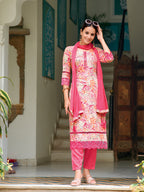 Embroidered & Floral Printed Kurta With Pant & Dupatta, Pink - Hiral Fashion | Grocsy