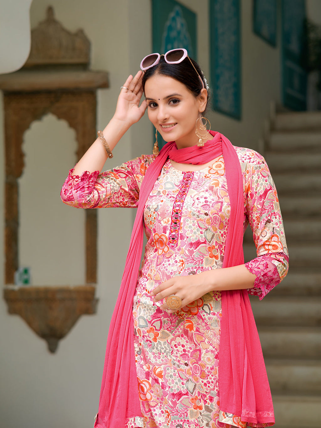 Embroidered & Floral Printed Kurta With Pant & Dupatta, Pink - Hiral Fashion | Grocsy