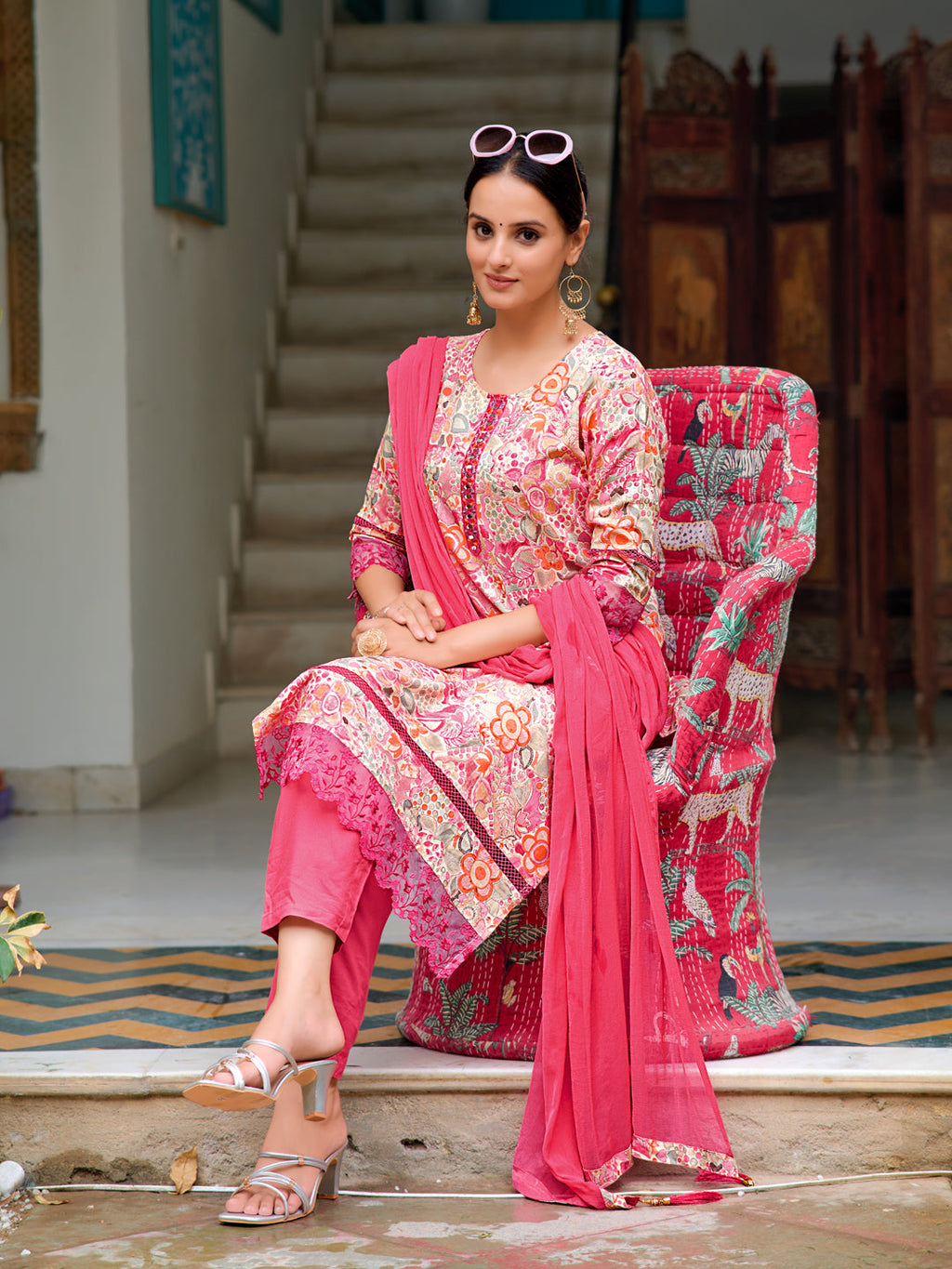 Embroidered & Floral Printed Kurta With Pant & Dupatta, Pink - Hiral Fashion | Grocsy