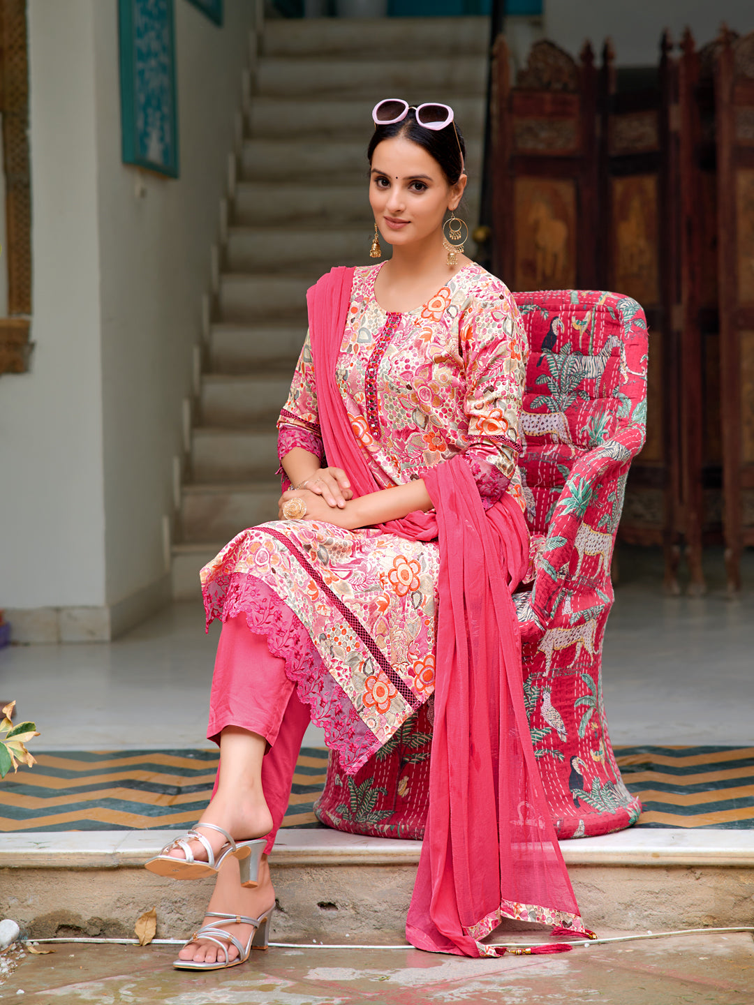 Embroidered & Floral Printed Kurta With Pant & Dupatta, Pink - Hiral Fashion | Grocsy