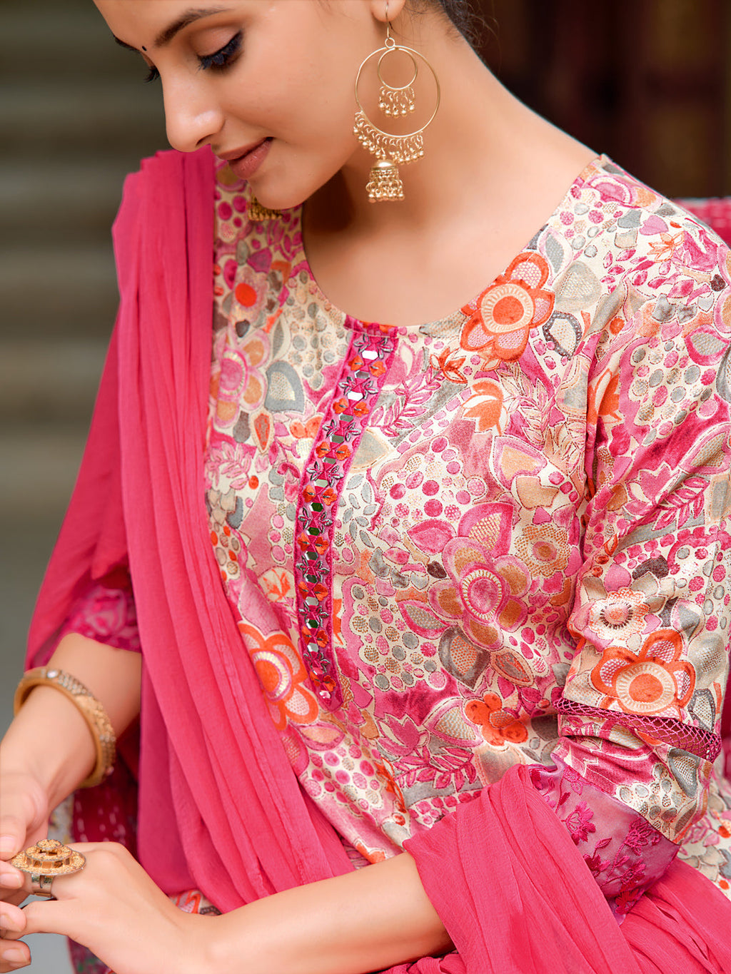 Embroidered & Floral Printed Kurta With Pant & Dupatta, Pink - Hiral Fashion | Grocsy