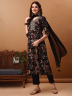 Flared Embroidered & Floral Printed Kurta With Pant & Dupatta, Black - Hiral Fashion | Grocsy
