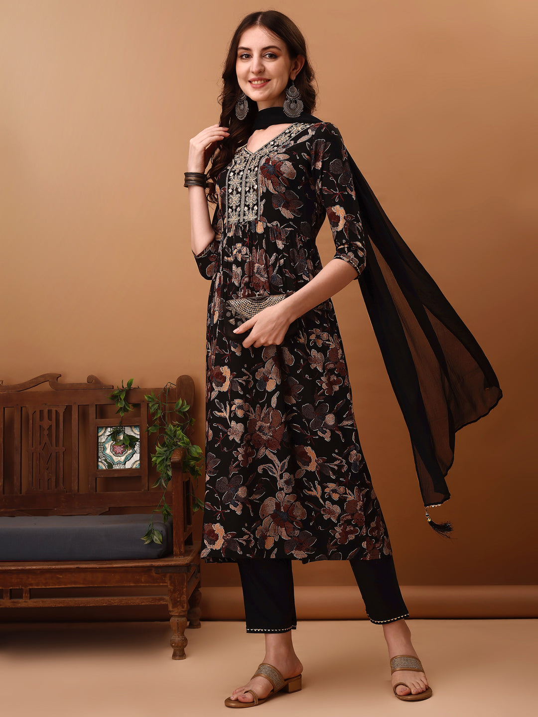 Flared Embroidered & Floral Printed Kurta With Pant & Dupatta, Black - Hiral Fashion | Grocsy