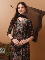Flared Embroidered & Floral Printed Kurta With Pant & Dupatta, Black - Hiral Fashion | Grocsy