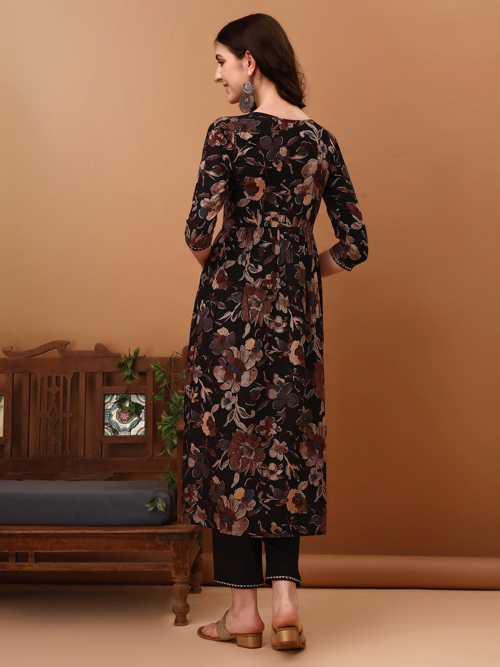 Flared Embroidered & Floral Printed Kurta With Pant & Dupatta, Black - Hiral Fashion | Grocsy