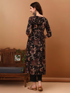 Flared Embroidered & Floral Printed Kurta With Pant & Dupatta, Black - Hiral Fashion | Grocsy