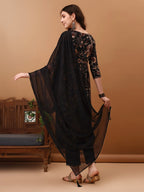 Flared Embroidered & Floral Printed Kurta With Pant & Dupatta, Black - Hiral Fashion | Grocsy
