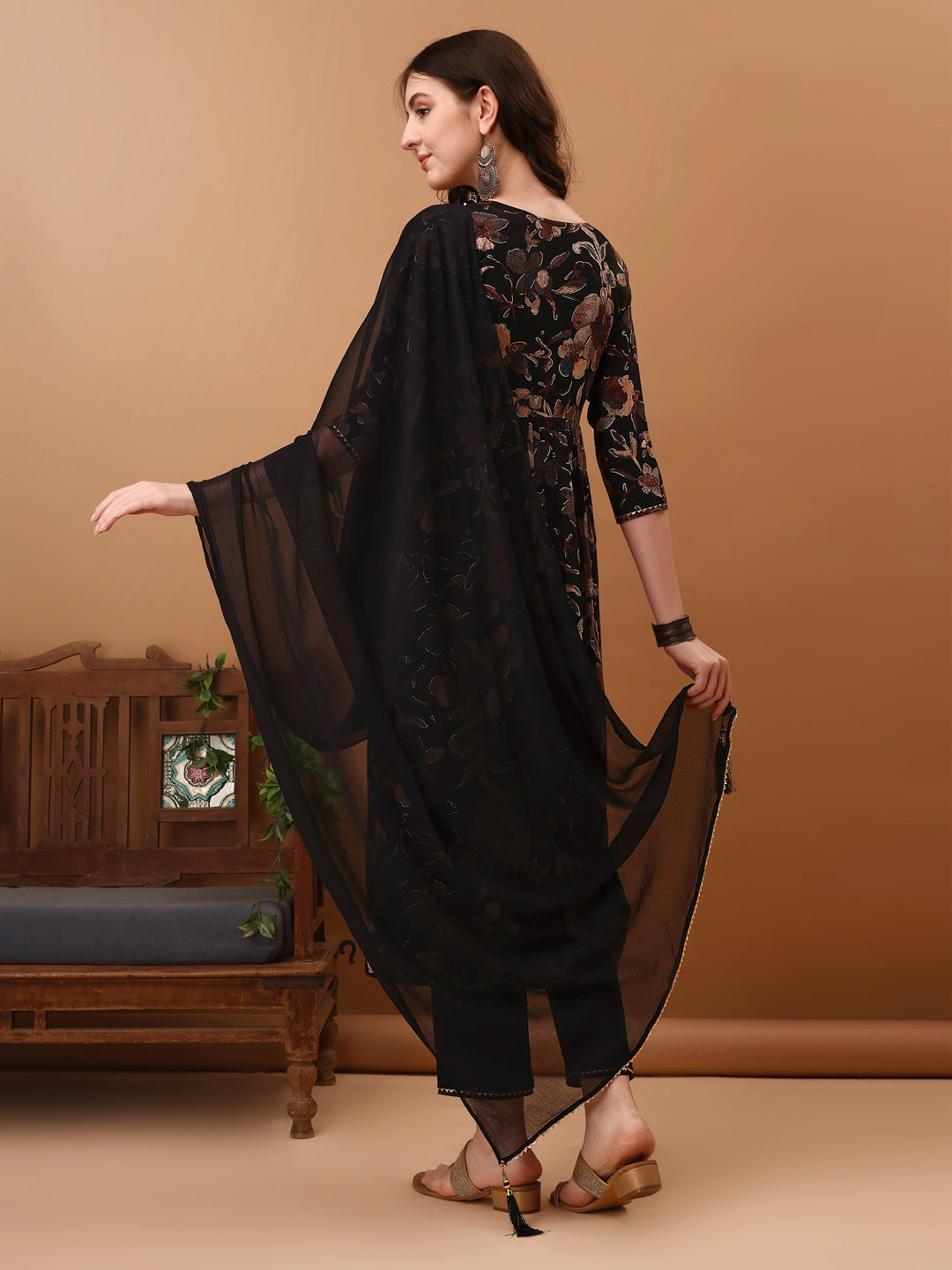 Flared Embroidered & Floral Printed Kurta With Pant & Dupatta, Black - Hiral Fashion | Grocsy