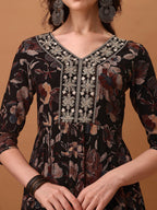 Flared Embroidered & Floral Printed Kurta With Pant & Dupatta, Black - Hiral Fashion | Grocsy