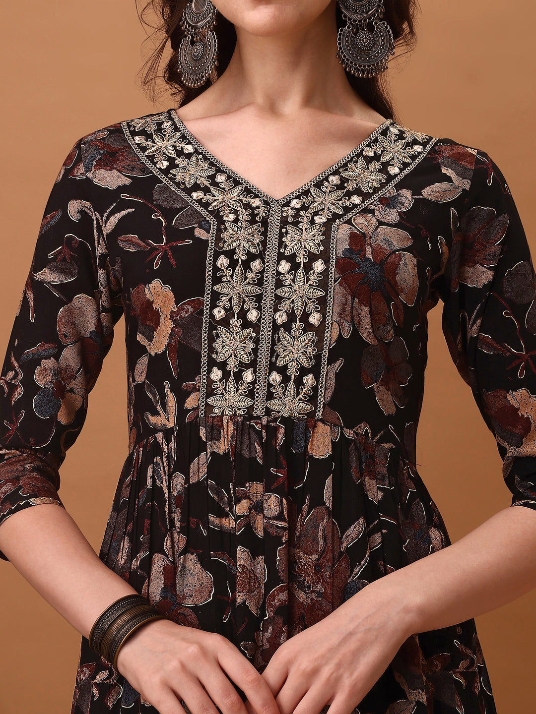 Flared Embroidered & Floral Printed Kurta With Pant & Dupatta, Black - Hiral Fashion | Grocsy