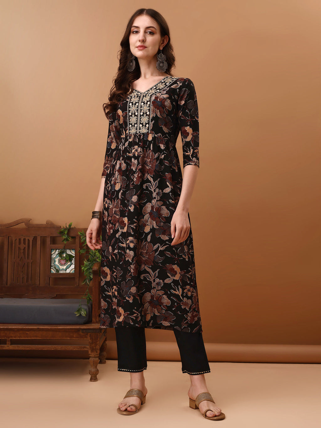 Flared Embroidered & Floral Printed Kurta With Pant & Dupatta, Black - Hiral Fashion | Grocsy