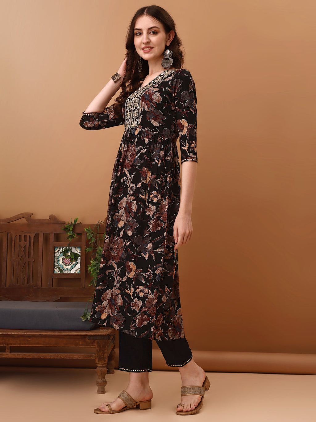 Flared Embroidered & Floral Printed Kurta With Pant & Dupatta, Black - Hiral Fashion | Grocsy