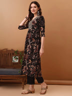 Flared Embroidered & Floral Printed Kurta With Pant & Dupatta, Black - Hiral Fashion | Grocsy