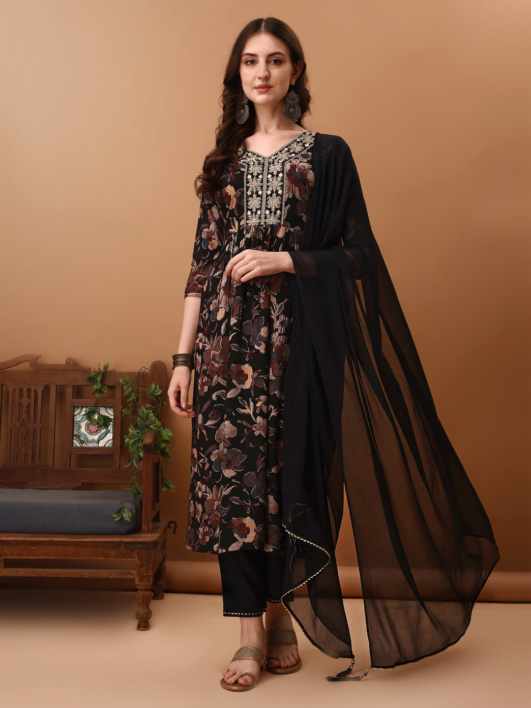 Flared Embroidered & Floral Printed Kurta With Pant & Dupatta, Black - Hiral Fashion | Grocsy