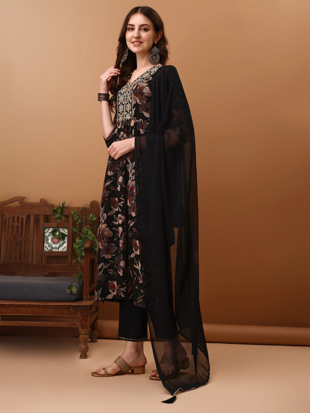 Flared Embroidered & Floral Printed Kurta With Pant & Dupatta, Black - Hiral Fashion | Grocsy