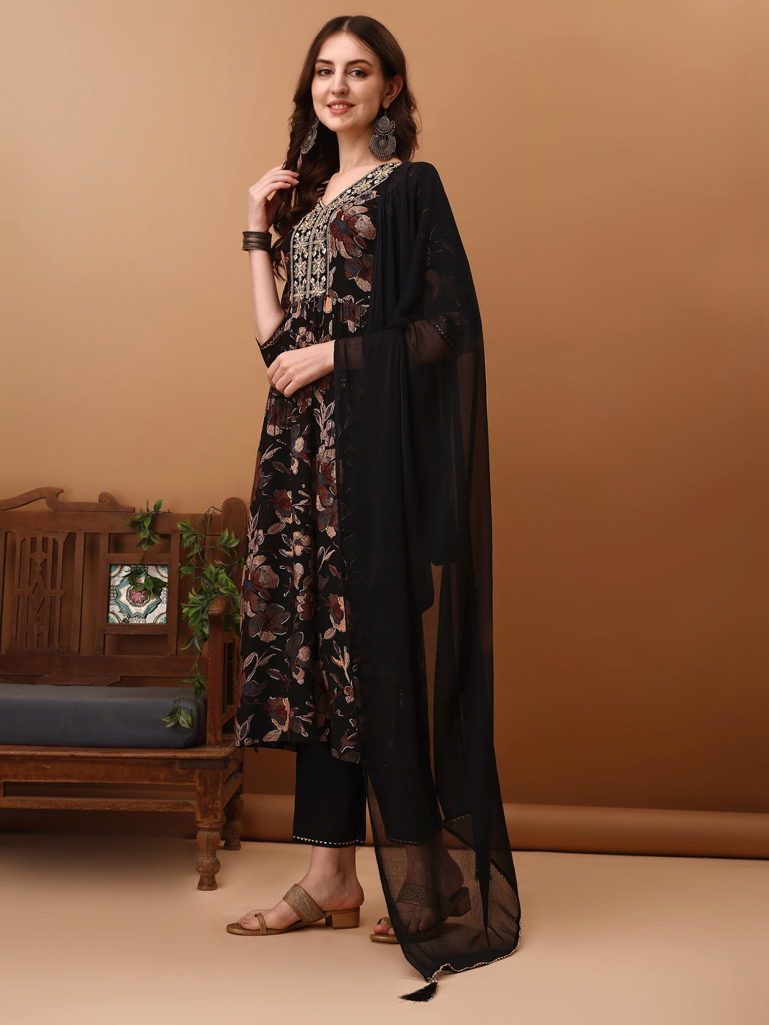 Flared Embroidered & Floral Printed Kurta With Pant & Dupatta, Black - Hiral Fashion | Grocsy
