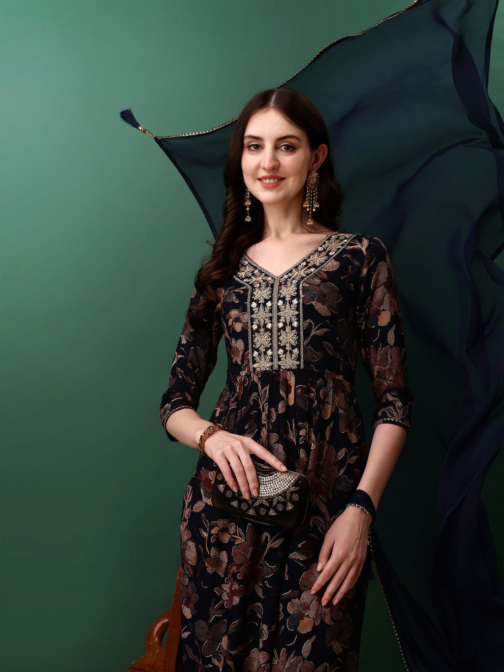 Flared Embroidered & Floral Printed Kurta With Pant & Dupatta, Navy Blue - Hiral Fashion | Grocsy