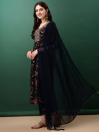 Flared Embroidered & Floral Printed Kurta With Pant & Dupatta, Navy Blue - Hiral Fashion | Grocsy