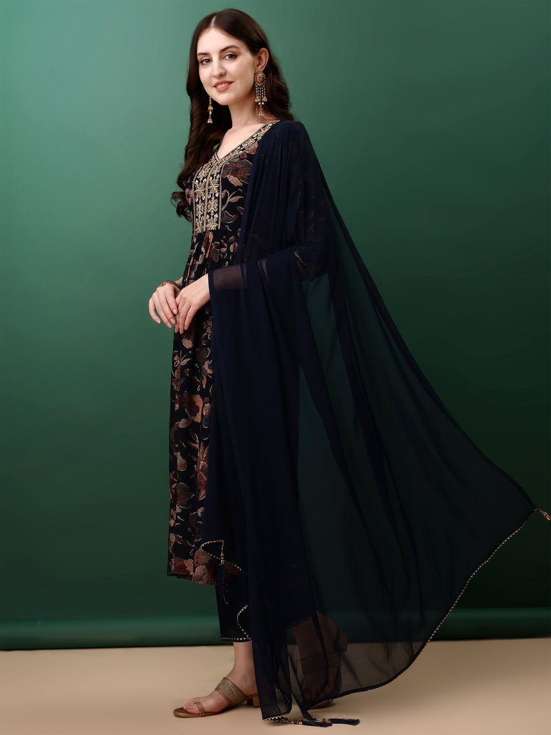 Flared Embroidered & Floral Printed Kurta With Pant & Dupatta, Navy Blue - Hiral Fashion | Grocsy