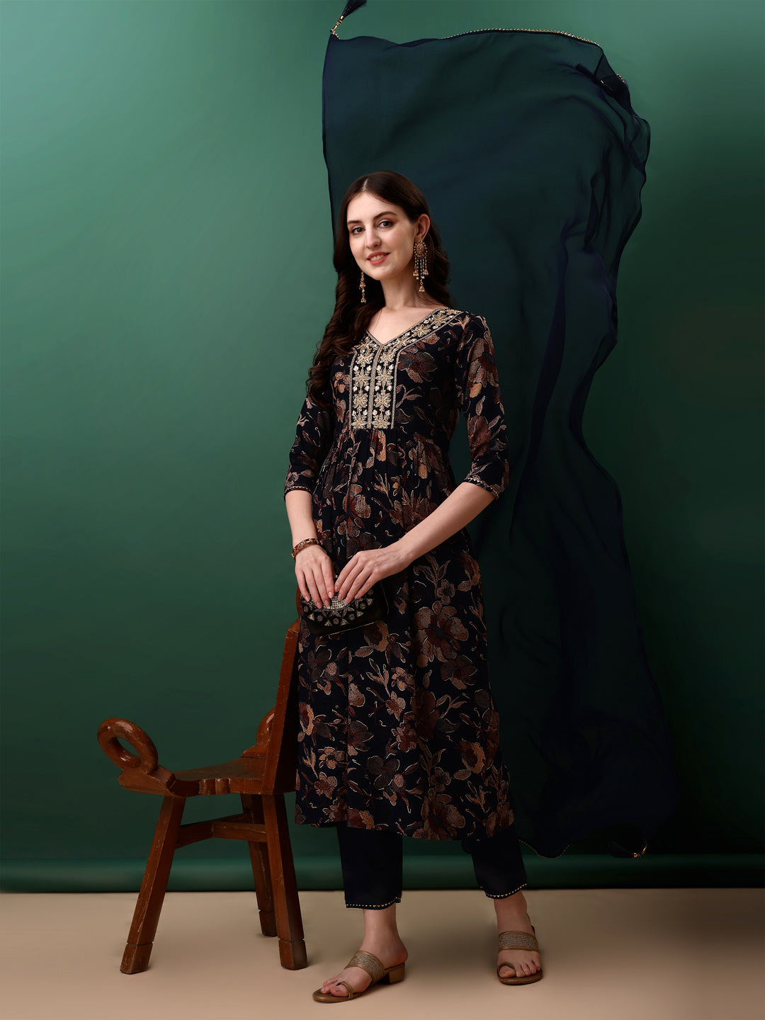 Flared Embroidered & Floral Printed Kurta With Pant & Dupatta, Navy Blue - Hiral Fashion | Grocsy