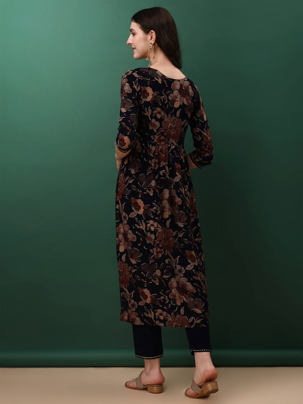 Flared Embroidered & Floral Printed Kurta With Pant & Dupatta, Navy Blue - Hiral Fashion | Grocsy