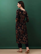 Flared Embroidered & Floral Printed Kurta With Pant & Dupatta, Navy Blue - Hiral Fashion | Grocsy