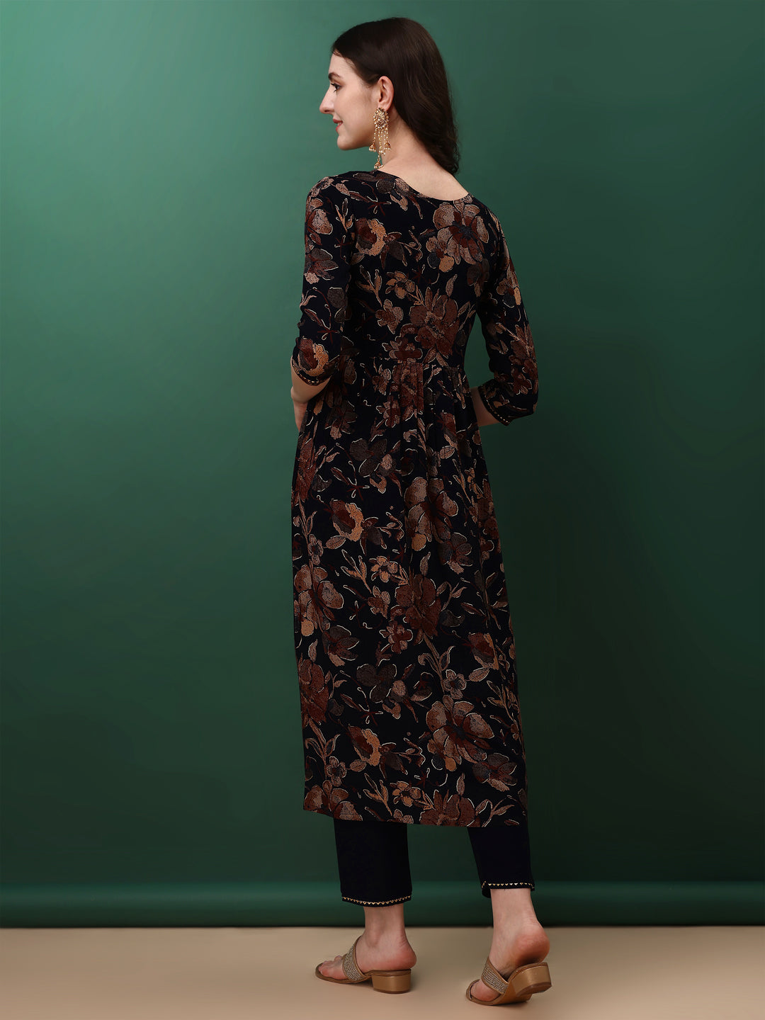 Flared Embroidered & Floral Printed Kurta With Pant & Dupatta, Navy Blue - Hiral Fashion | Grocsy